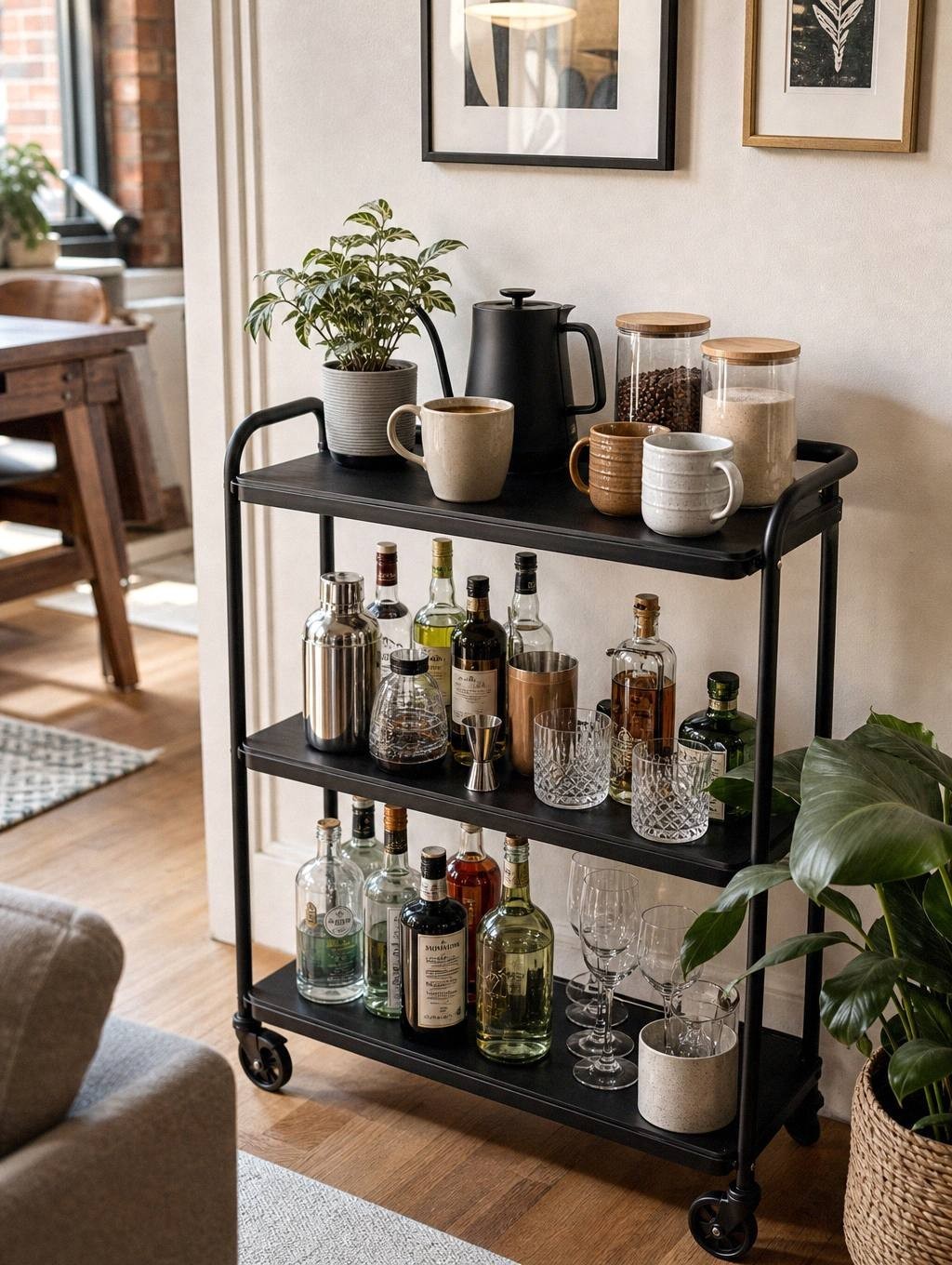 black bar cart with a coffee station of kettle, mugs and bean canisters on top and spirits and glassware below