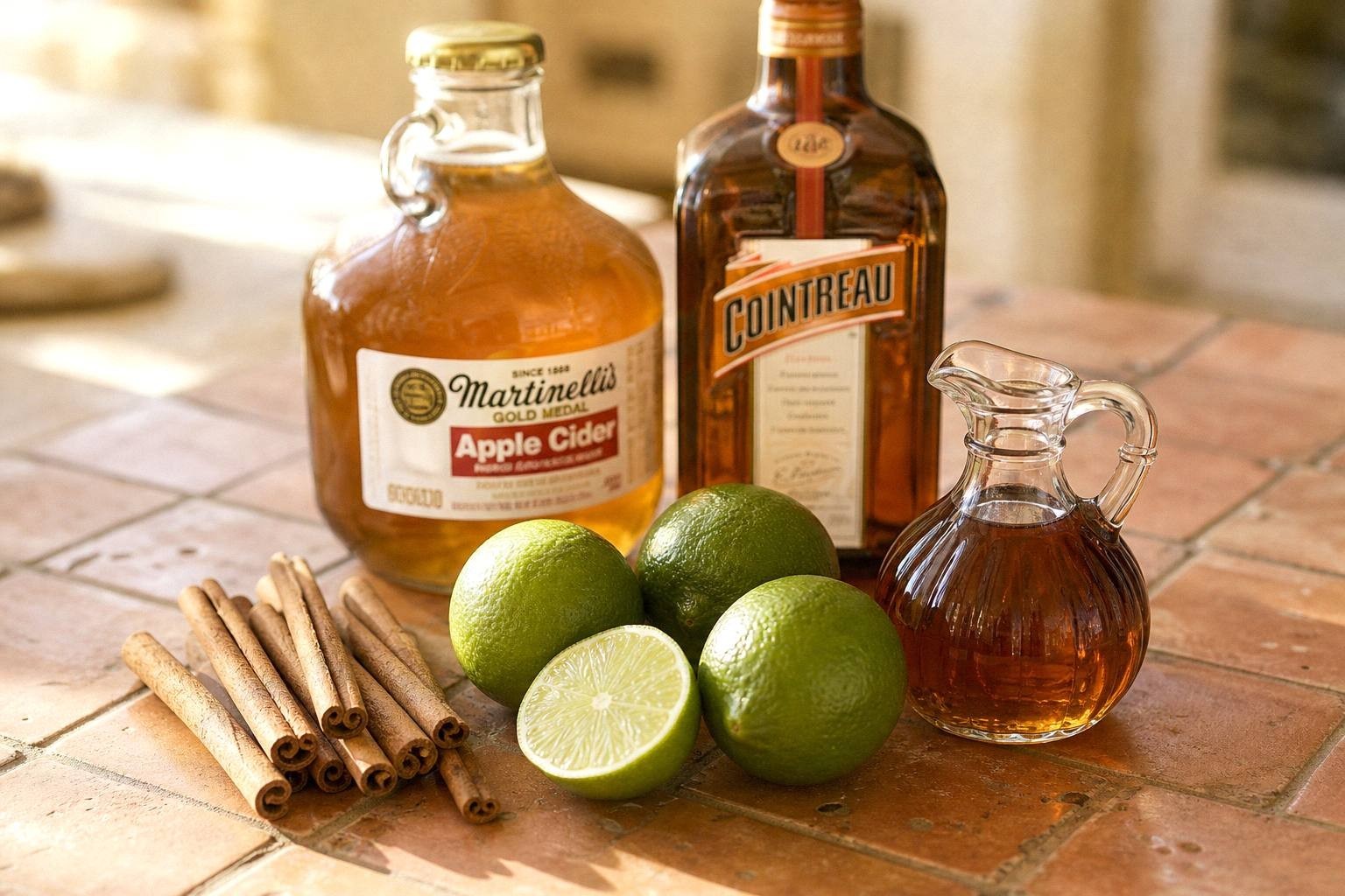 fresh unfiltered apple cider, limes, maple syrup and cinnamon sticks on a counter