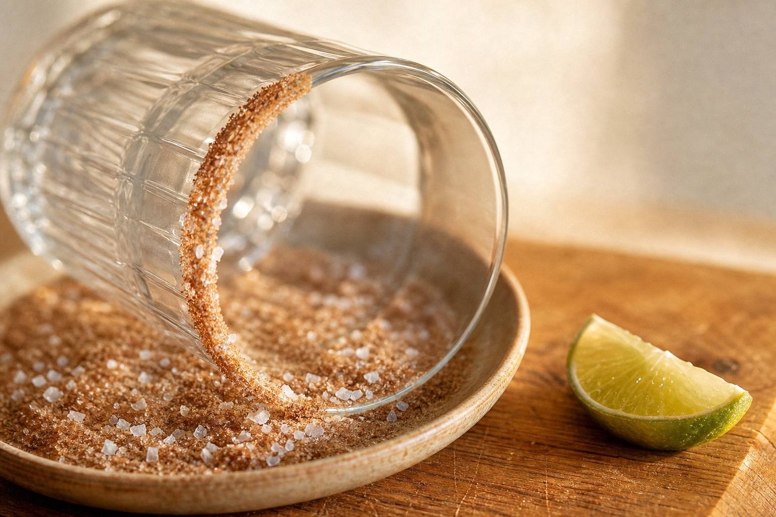 glass rim being rolled sideways through cinnamon sugar and flaky sea salt