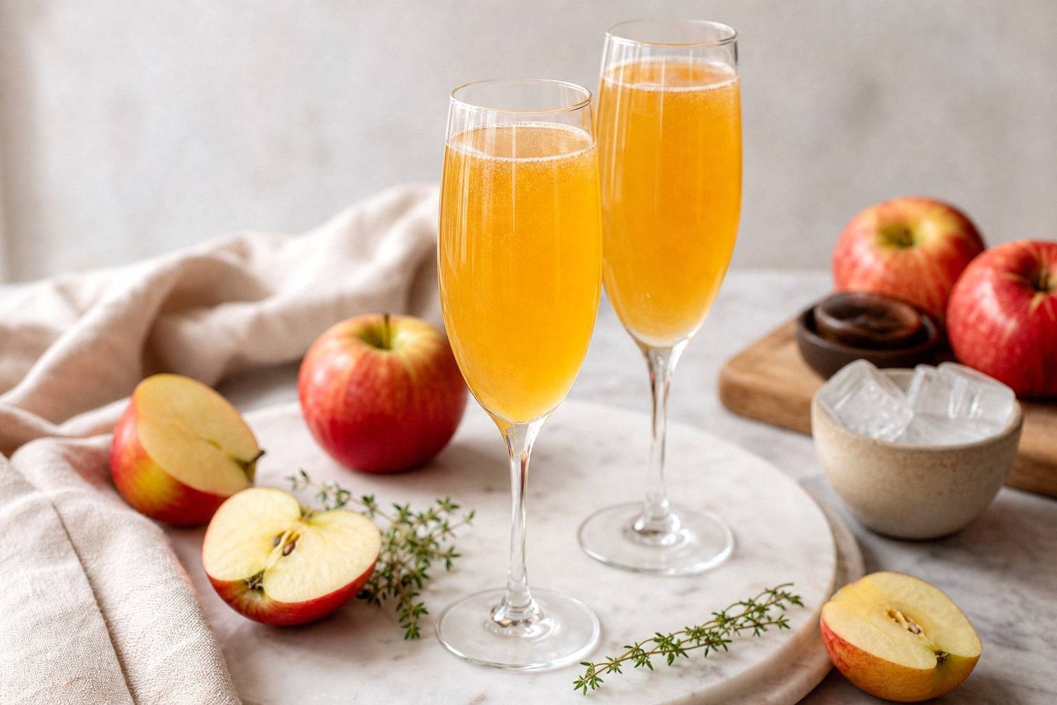 unmixed ingredients for apple cider mimosa including champagne bottle, apple cider, cinnamon stick, rosemary sprig, and apple slice