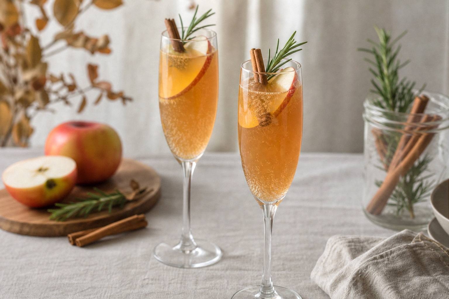 two champagne flutes filled with apple cider mimosa, garnished with cinnamon sticks and apple slices, styled on table