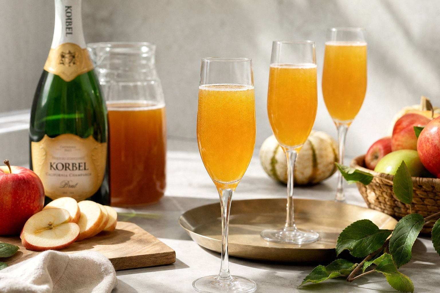 brandy bottle, apple cider jug, champagne bottle, fresh apple slices, small bowls of granulated sugar and ground cinnamon arranged on counter