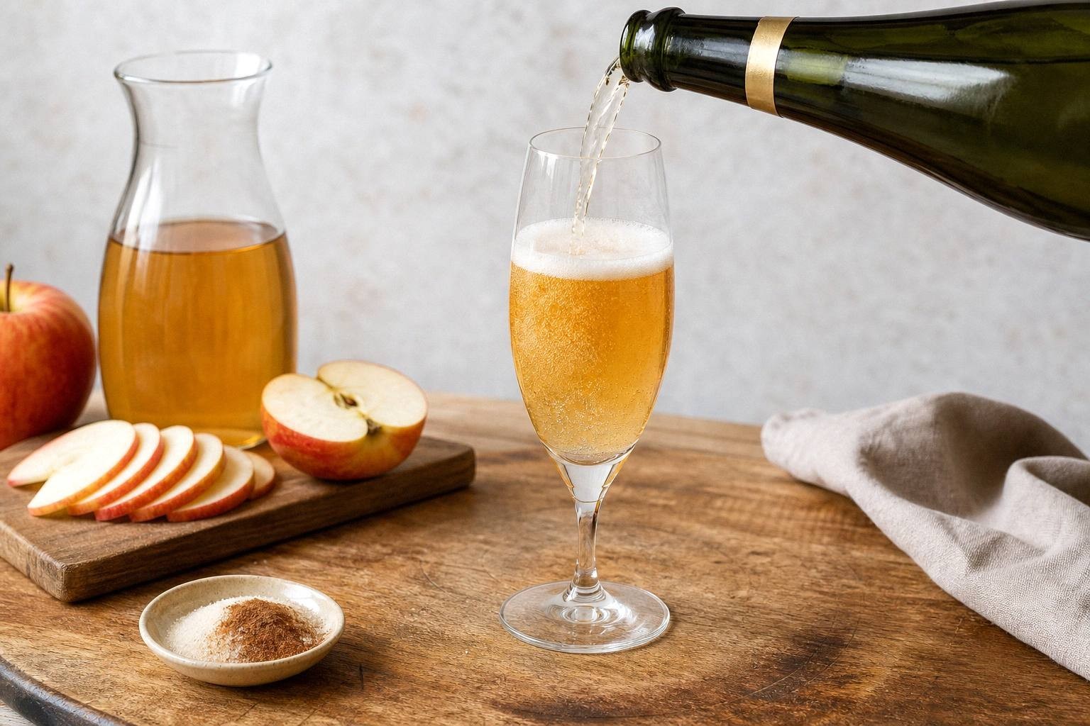 champagne being poured into glass already containing brandy and apple cider, liquid mixing and bubbling