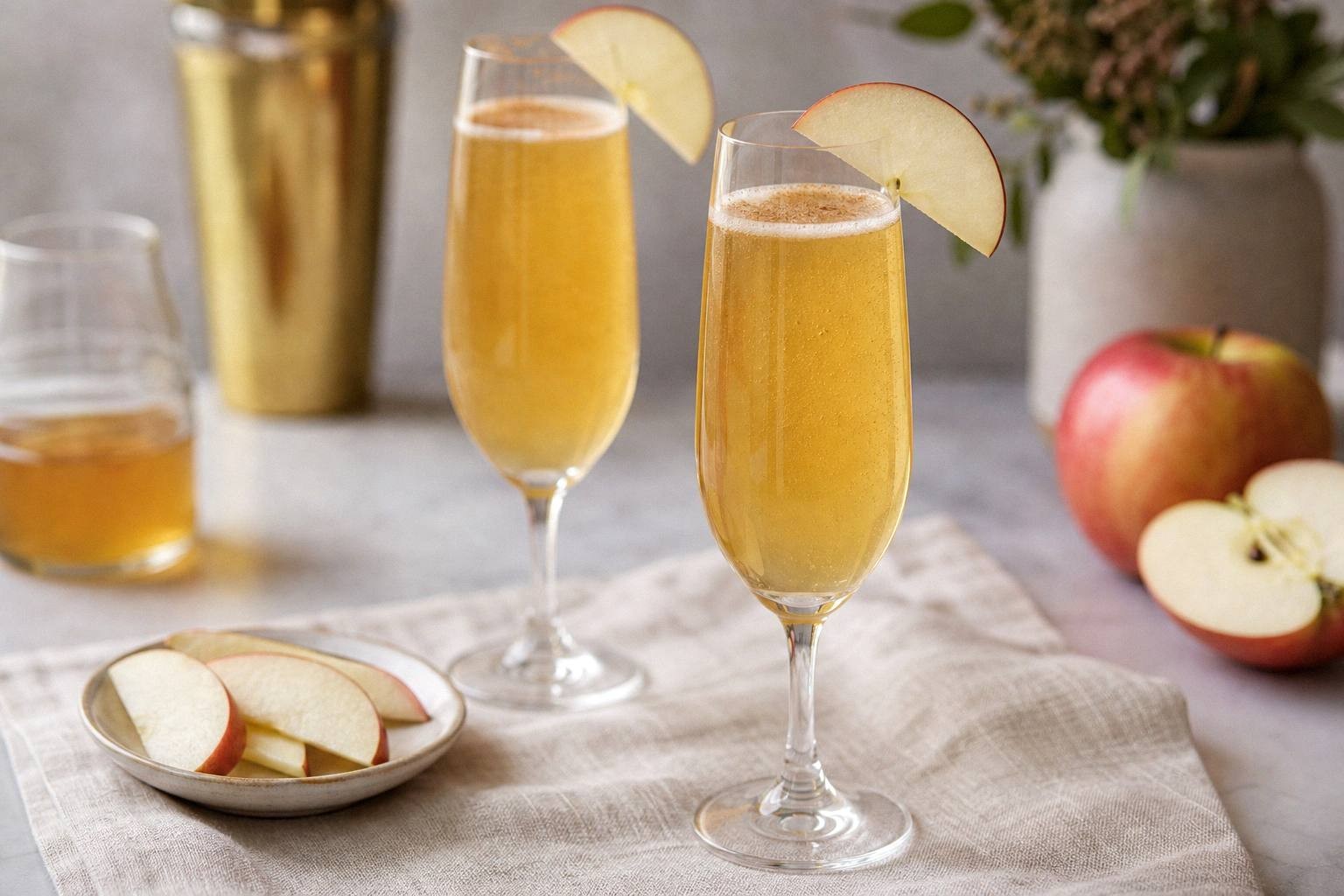two champagne flutes filled with apple cider mimosas with cinnamon sugar rims and apple slice garnishes on white tablecloth