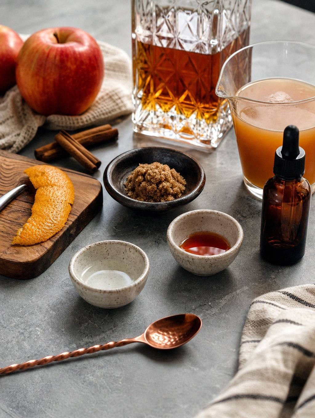 ingredients for apple cider old fashioned measured out, including bourbon, cider, orange peel, dark brown sugar, and bitters