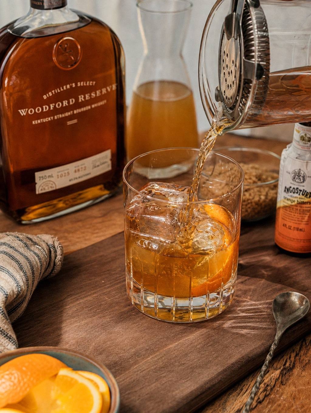 bourbon and apple cider being poured into glass with ice for old fashioned cocktail