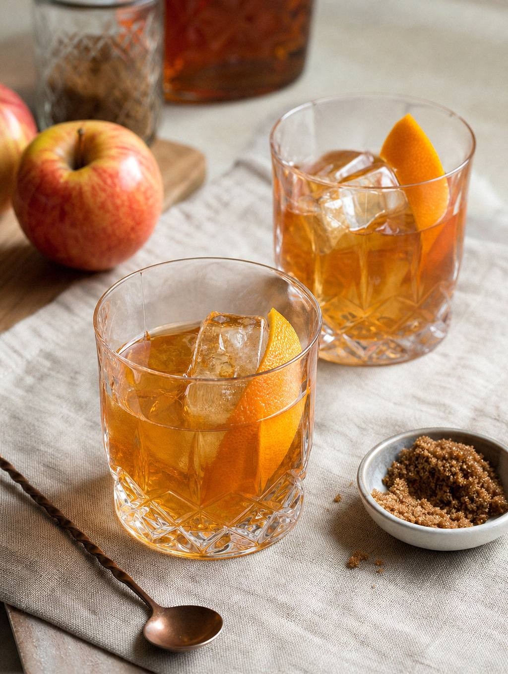 two apple cider old fashioned cocktails in glasses with orange peel garnish on table