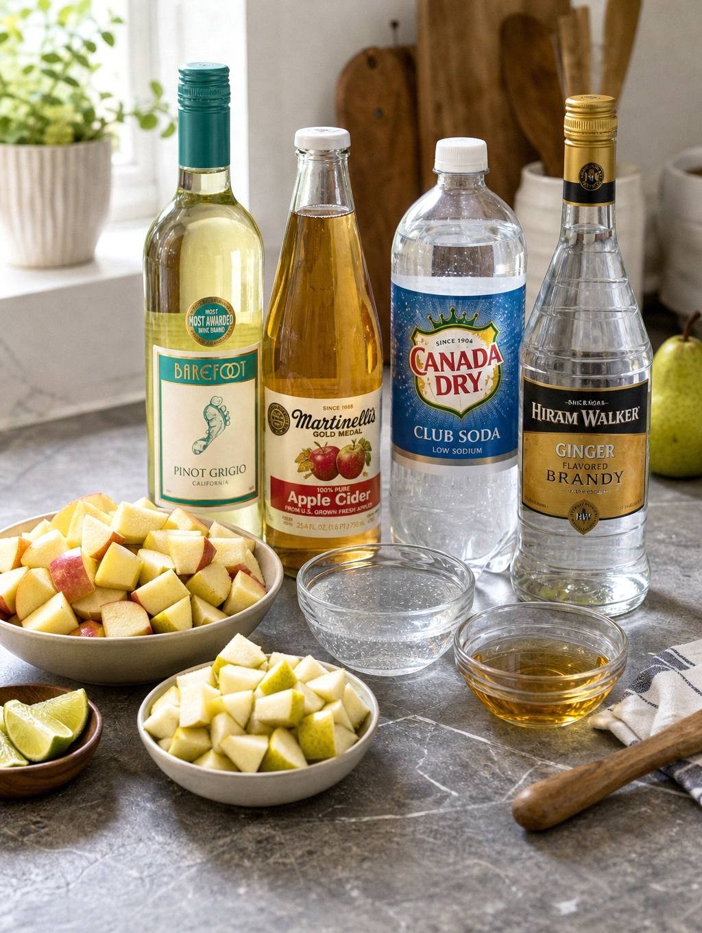 ingredients for apple cider sangria measured out, including pinot grigio wine, apple cider, club soda, ginger brandy, apples, and pears