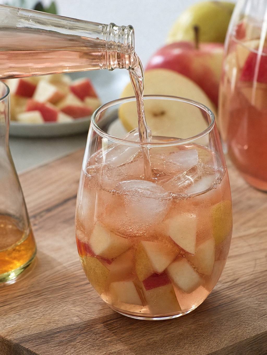 pouring apple cider sangria into a glass, liquid in motion showing natural rose color