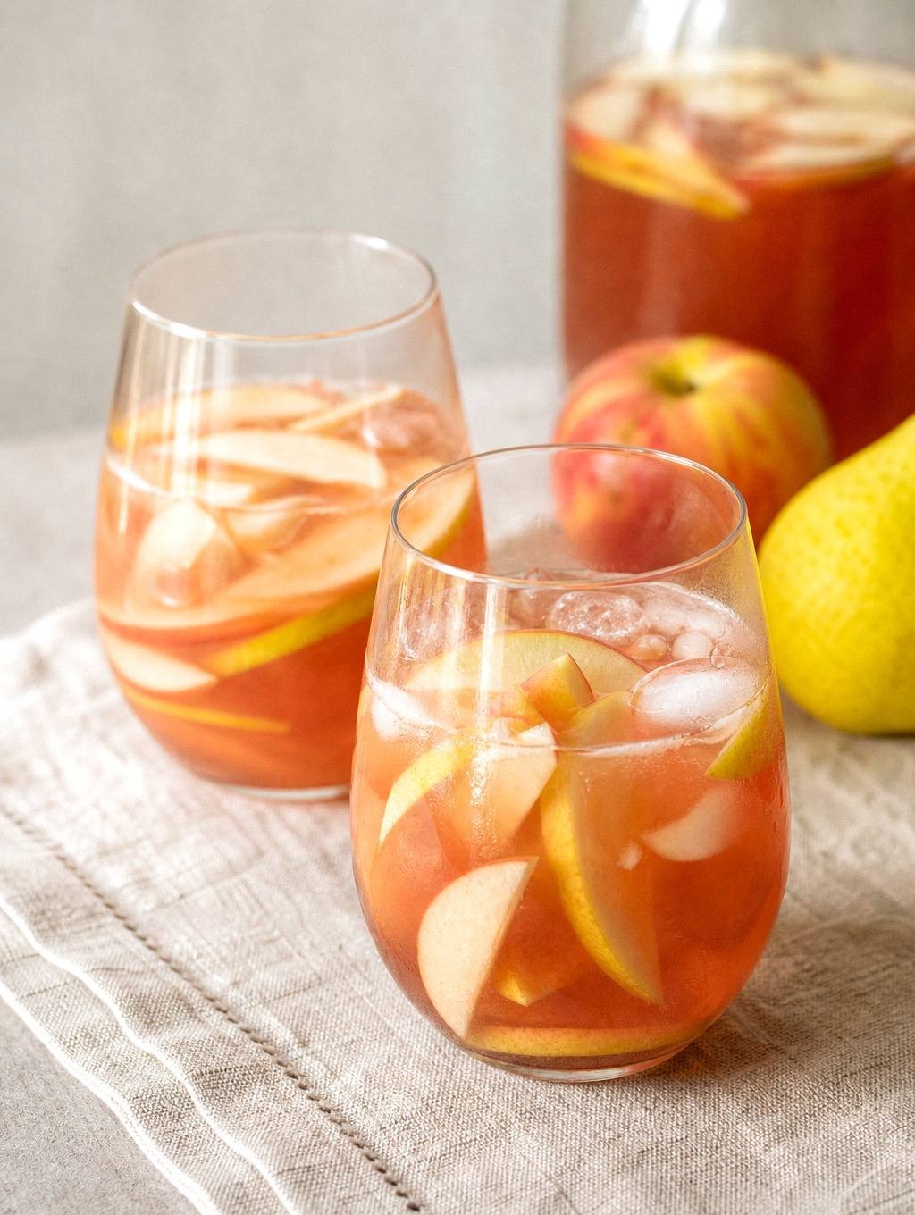 two glasses of apple cider sangria styled on table with apple and pear garnishes