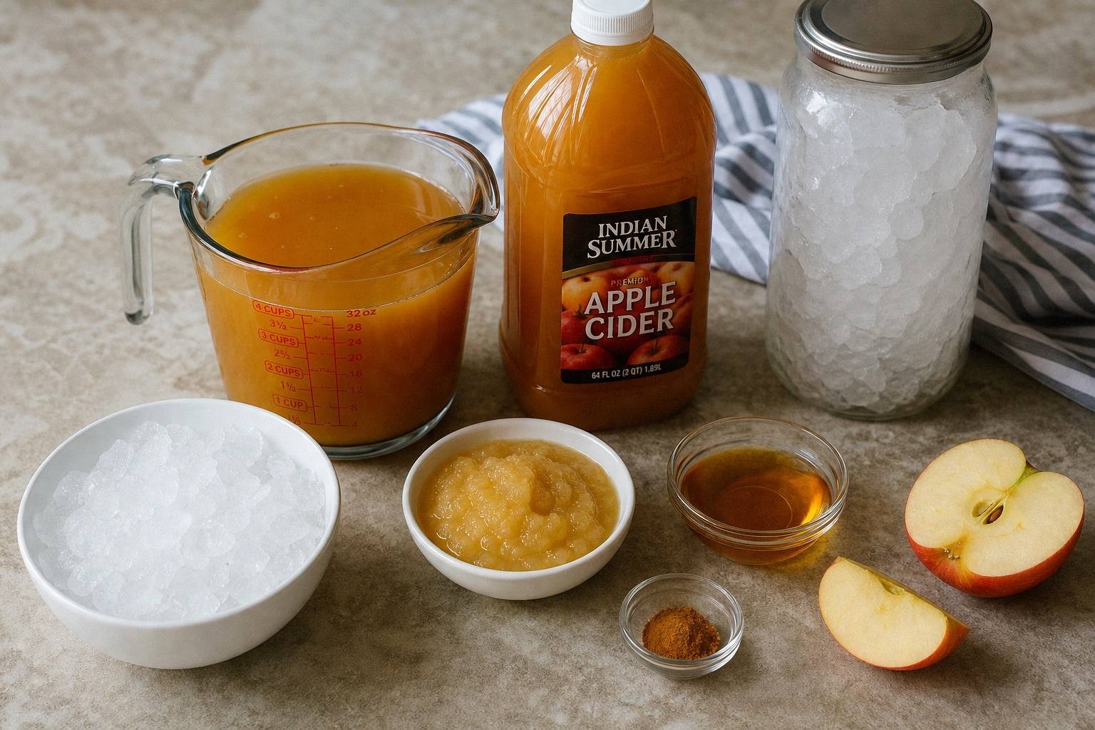 measured ingredients for apple cider slushie including cider, ice cubes, applesauce, cinnamon, and agave