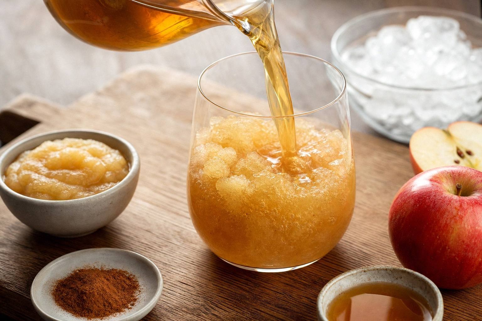apple cider slushie being poured into glass showing thick slushy texture