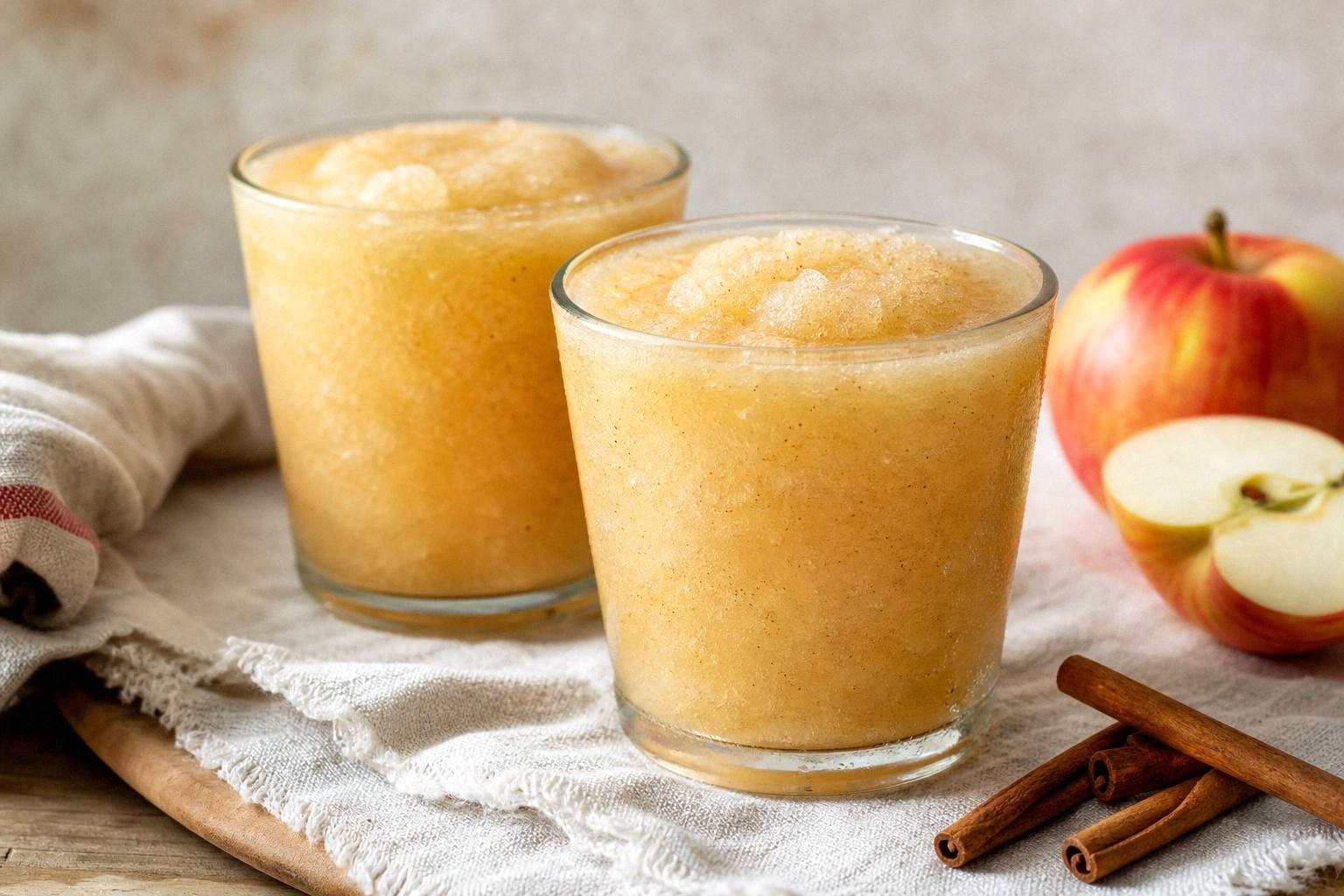 two glasses of finished apple cider slushie styled on table with fall garnishes