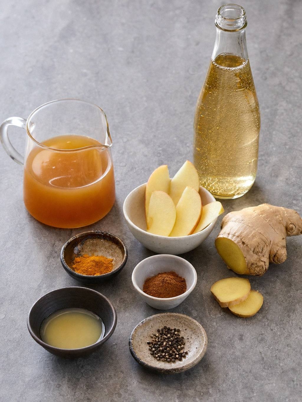 ingredients for apple ginger fizz laid out on counter: apple cider, fresh ginger root, cinnamon, turmeric, black pepper, ginger beer