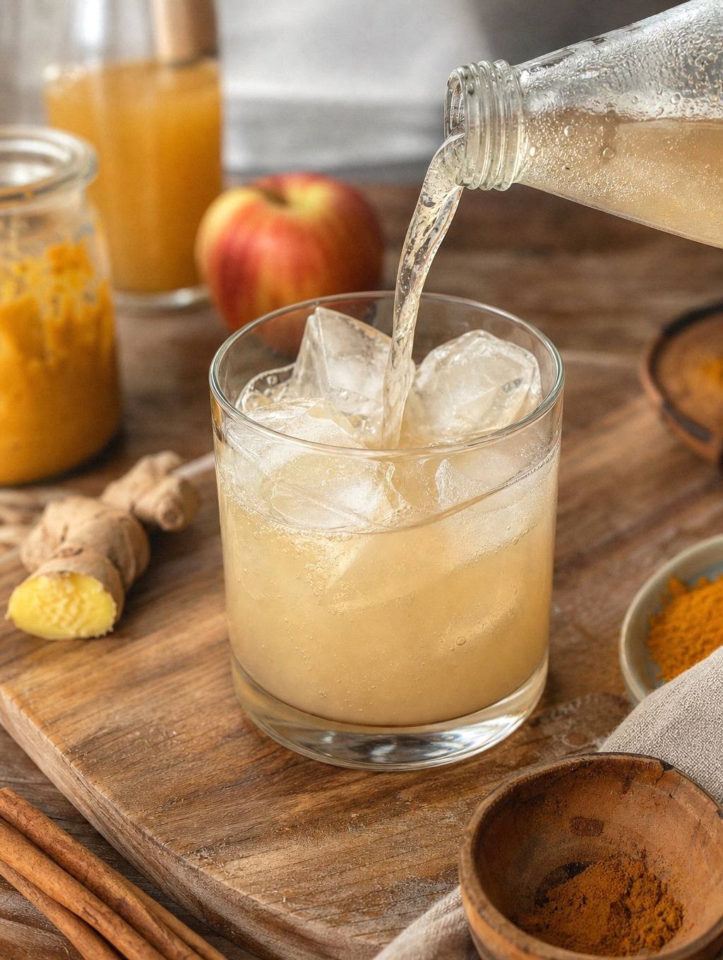 pouring ginger beer into glass with apple ginger base and ice, liquid in motion