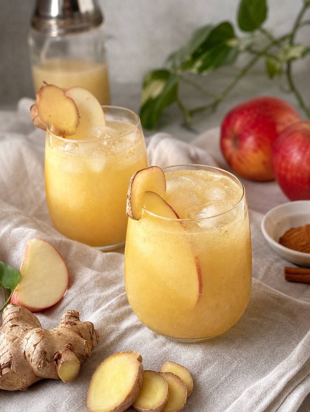 two glasses of apple ginger fizz mocktail on table, garnished with apple slices and cinnamon sticks