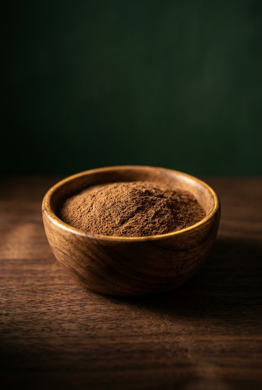 ashwagandha powder and warming spices arranged on wooden board with glass of warm milk for stress relief tonic recipe