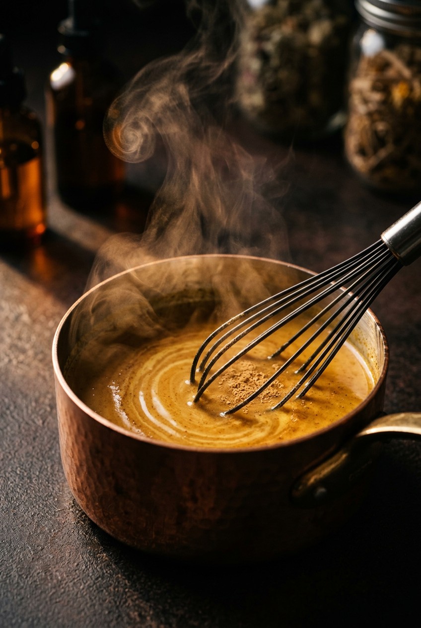 whisking ashwagandha powder into warm milk with spices for homemade adaptogen wellness tonic