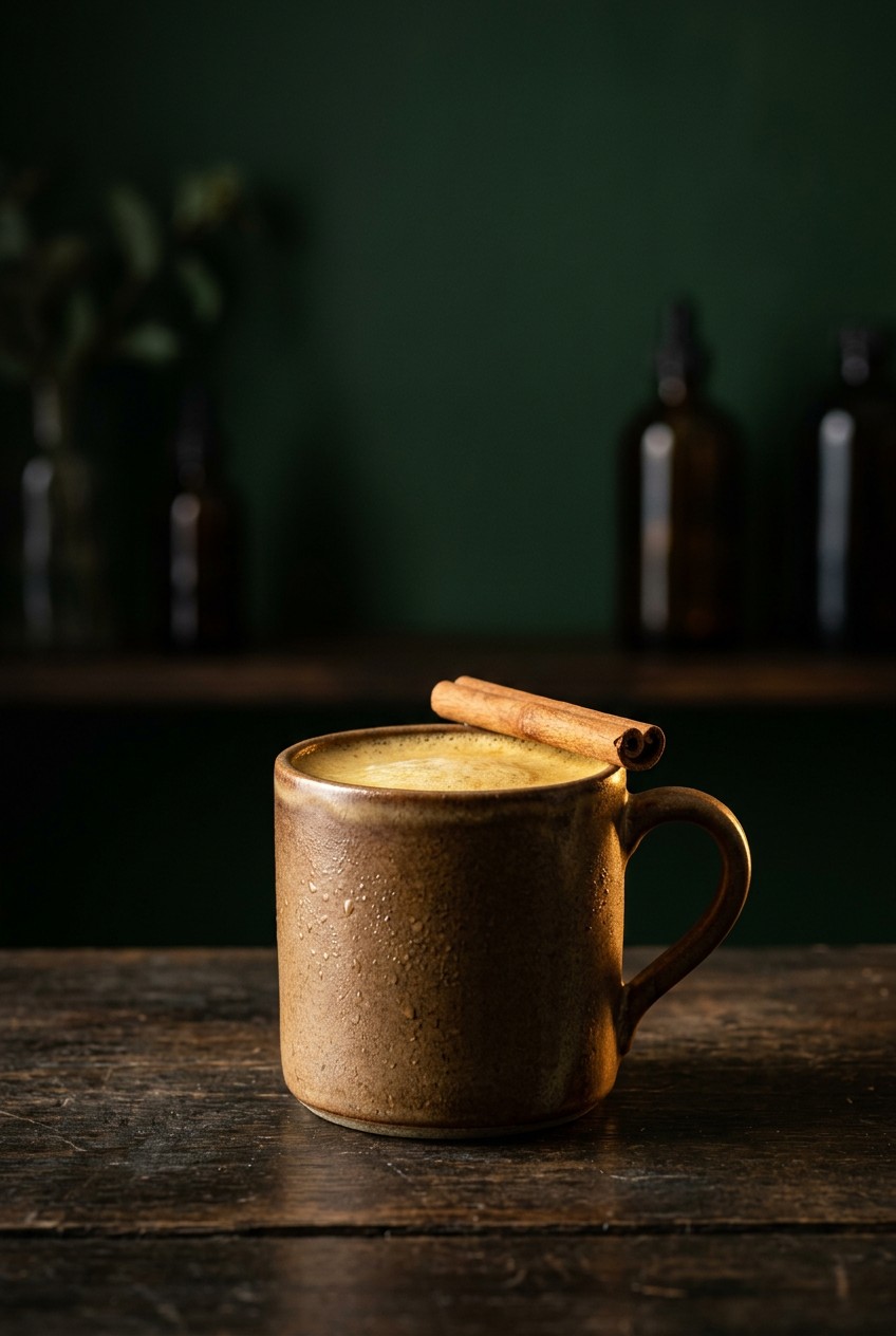 finished ashwagandha drink in ceramic mug with cinnamon stick garnish, warm lighting showing golden adaptogen tonic for energy and stress relief
