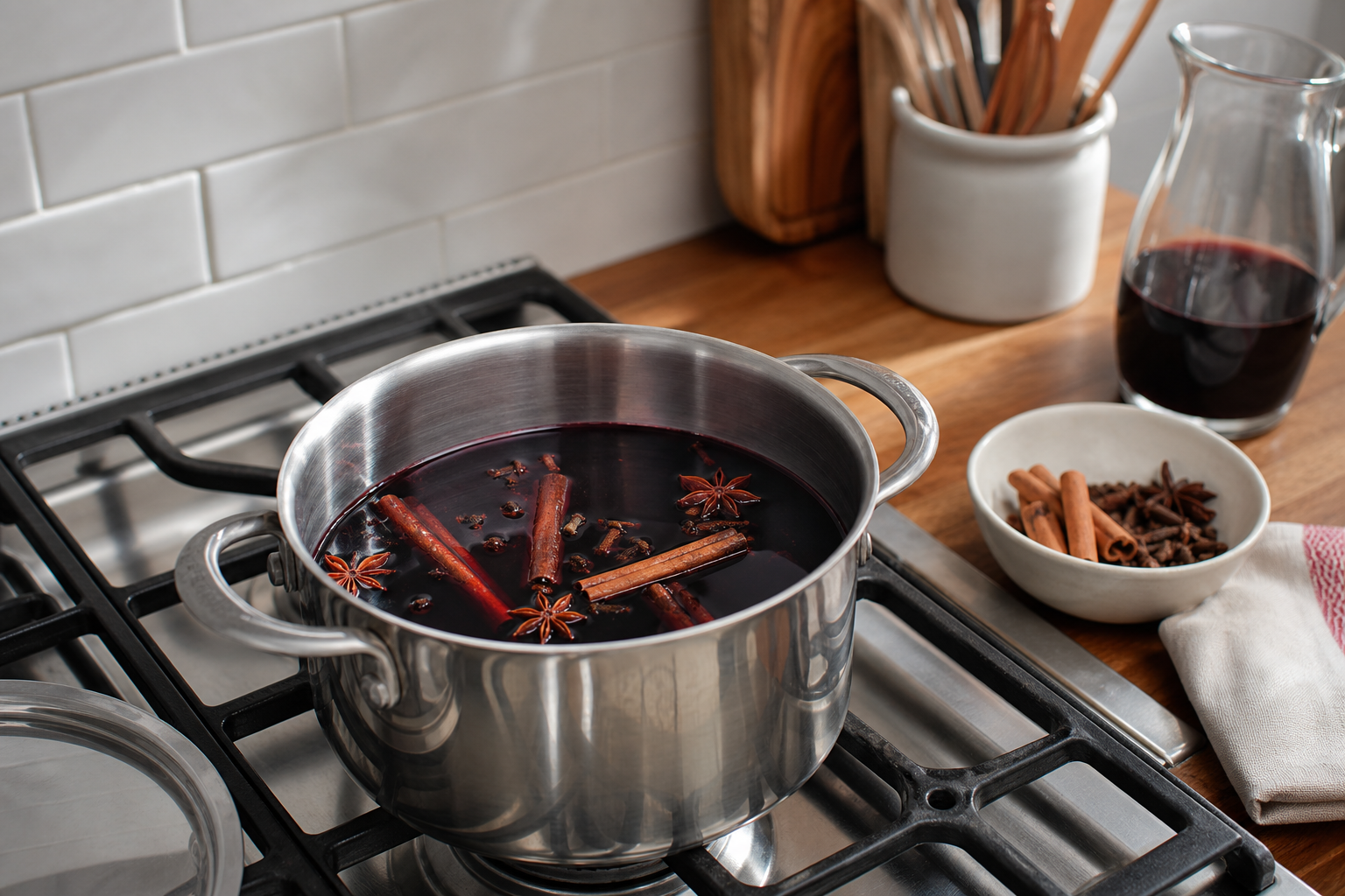 Two glass mugs of clear amber gluhwein on kitchen counter with whole cinnamon sticks, star anise, and cloves scattered nearby