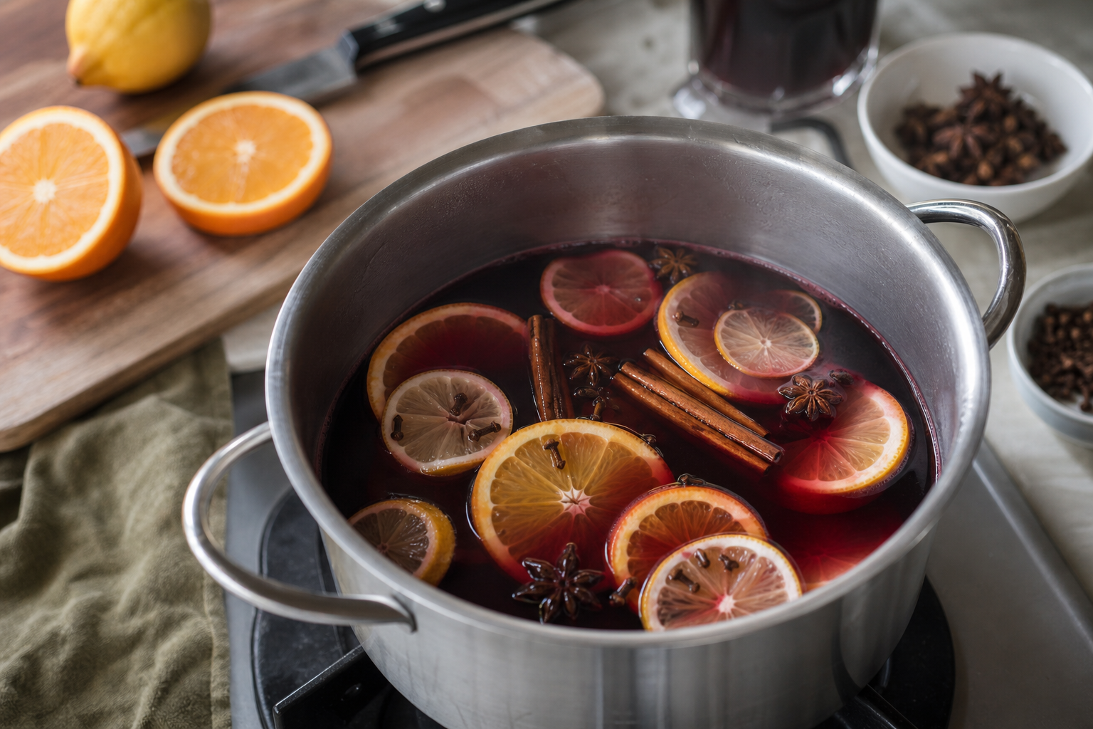 Saucepan on stovetop with red wine, orange slices, and whole spices simmering, wooden spoon resting on pot rim