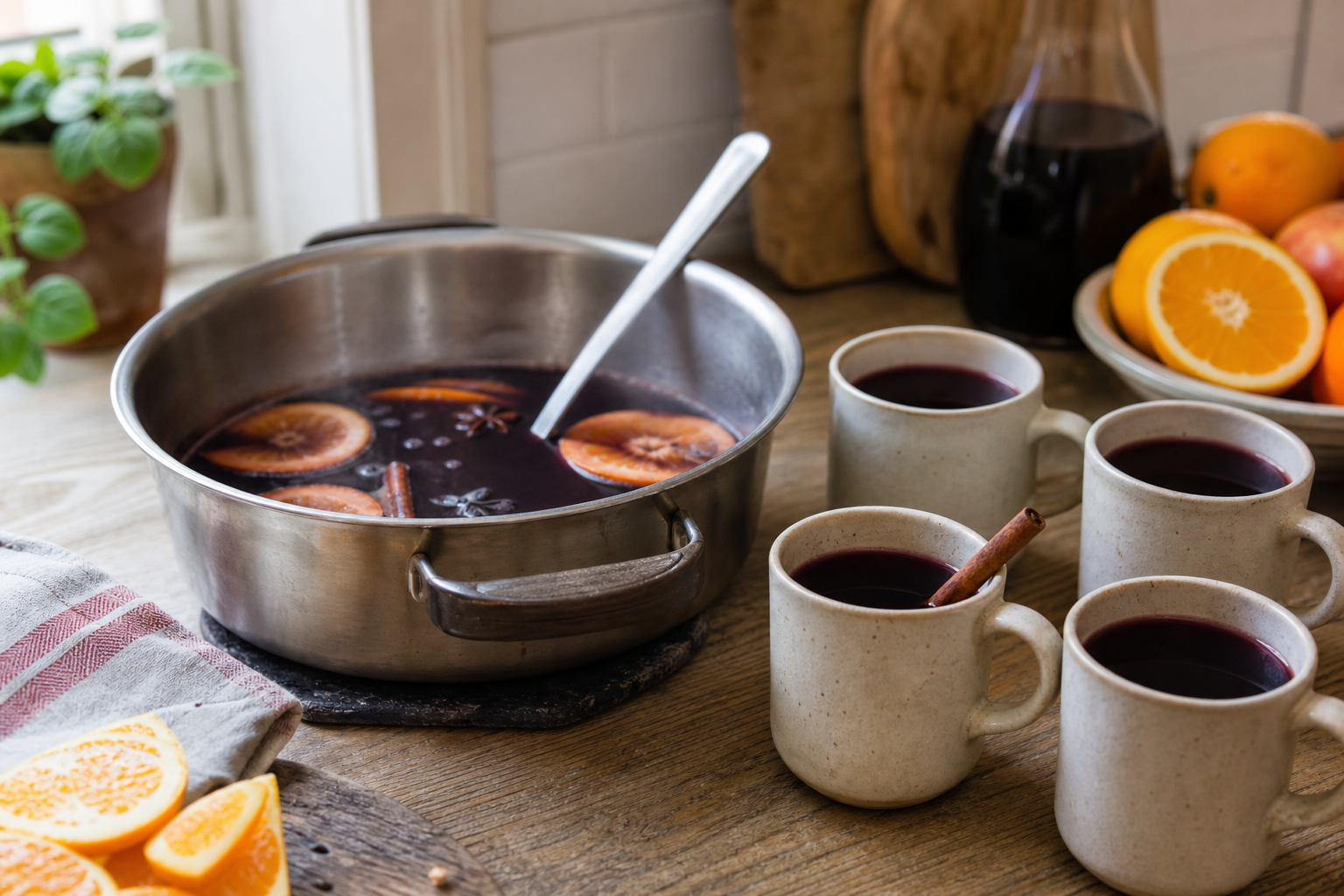 Small ceramic mug of hot gluhwein held in hands, steam rising, with ladle and pot visible in background