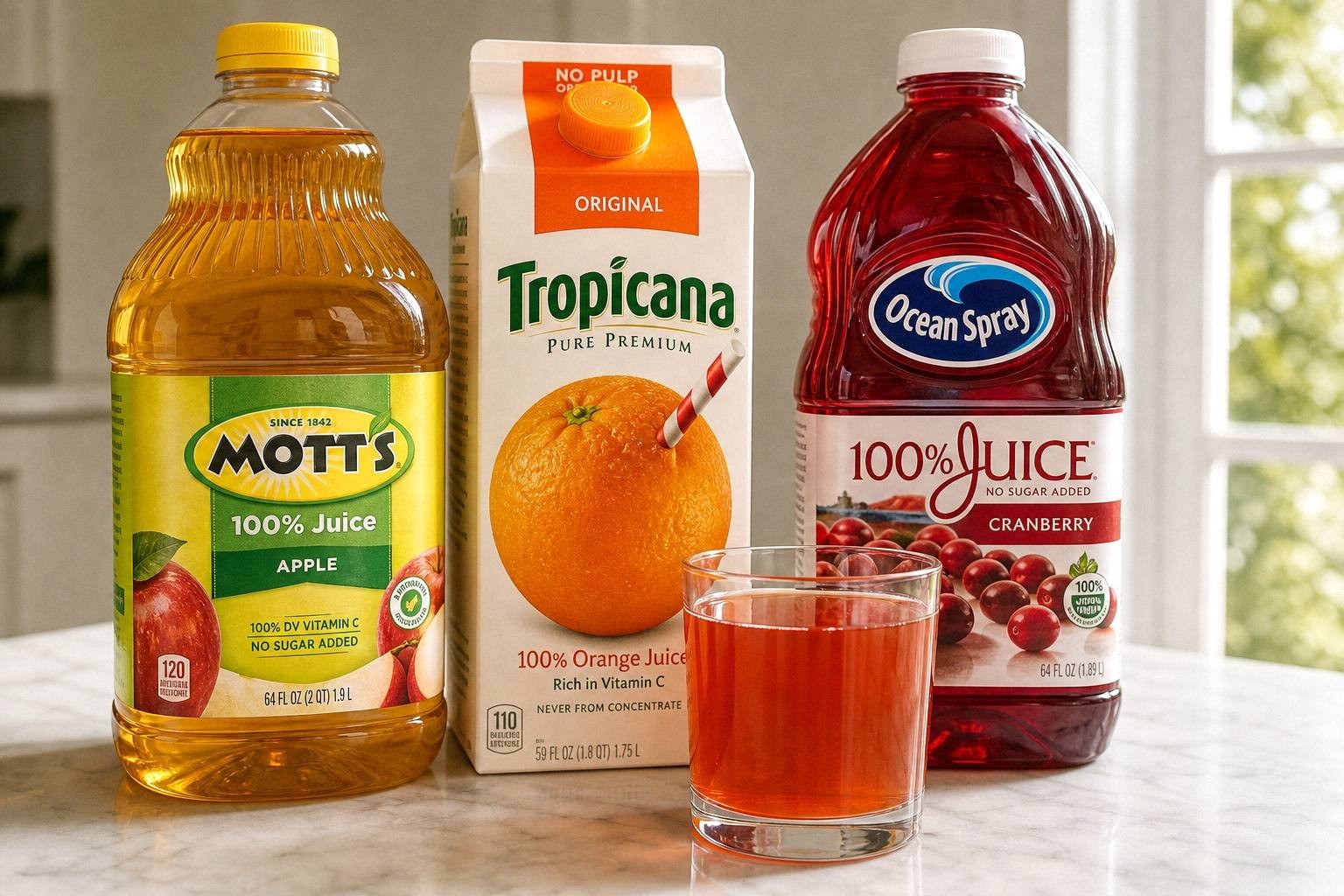 Three juice bottles beside a glass of amber autumn punch showing the apple, orange and cranberry base