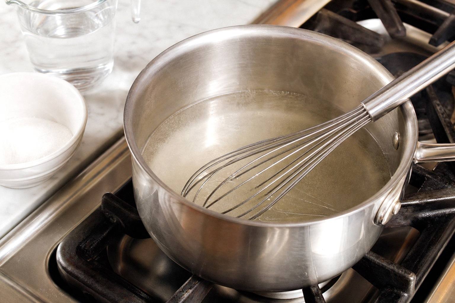 Sugar dissolving into water in a small saucepan to make simple syrup for punch