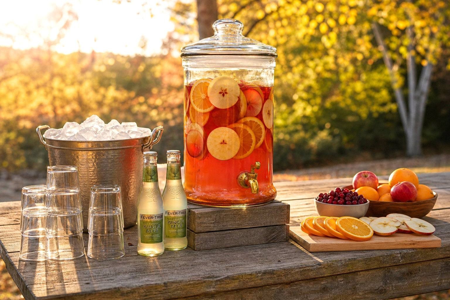 Drink dispenser with a spigot full of autumn punch on a party table beside stacked glasses and an ice bucket