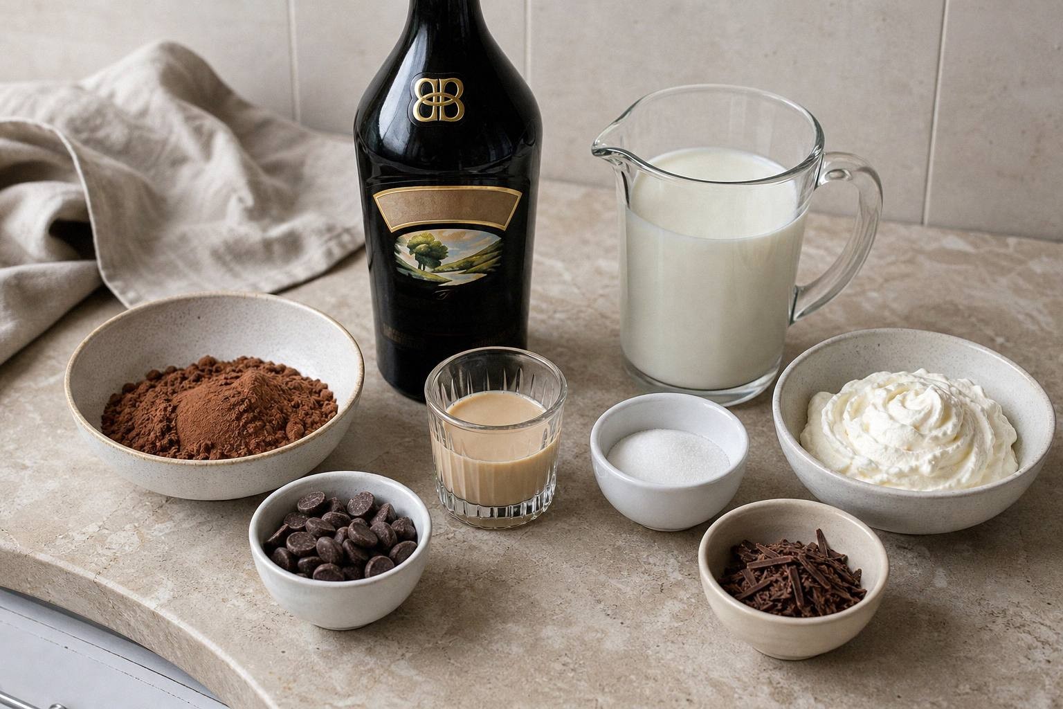 ingredients for baileys hot chocolate measured out, hot chocolate, Irish cream, whipped cream, chocolate topping