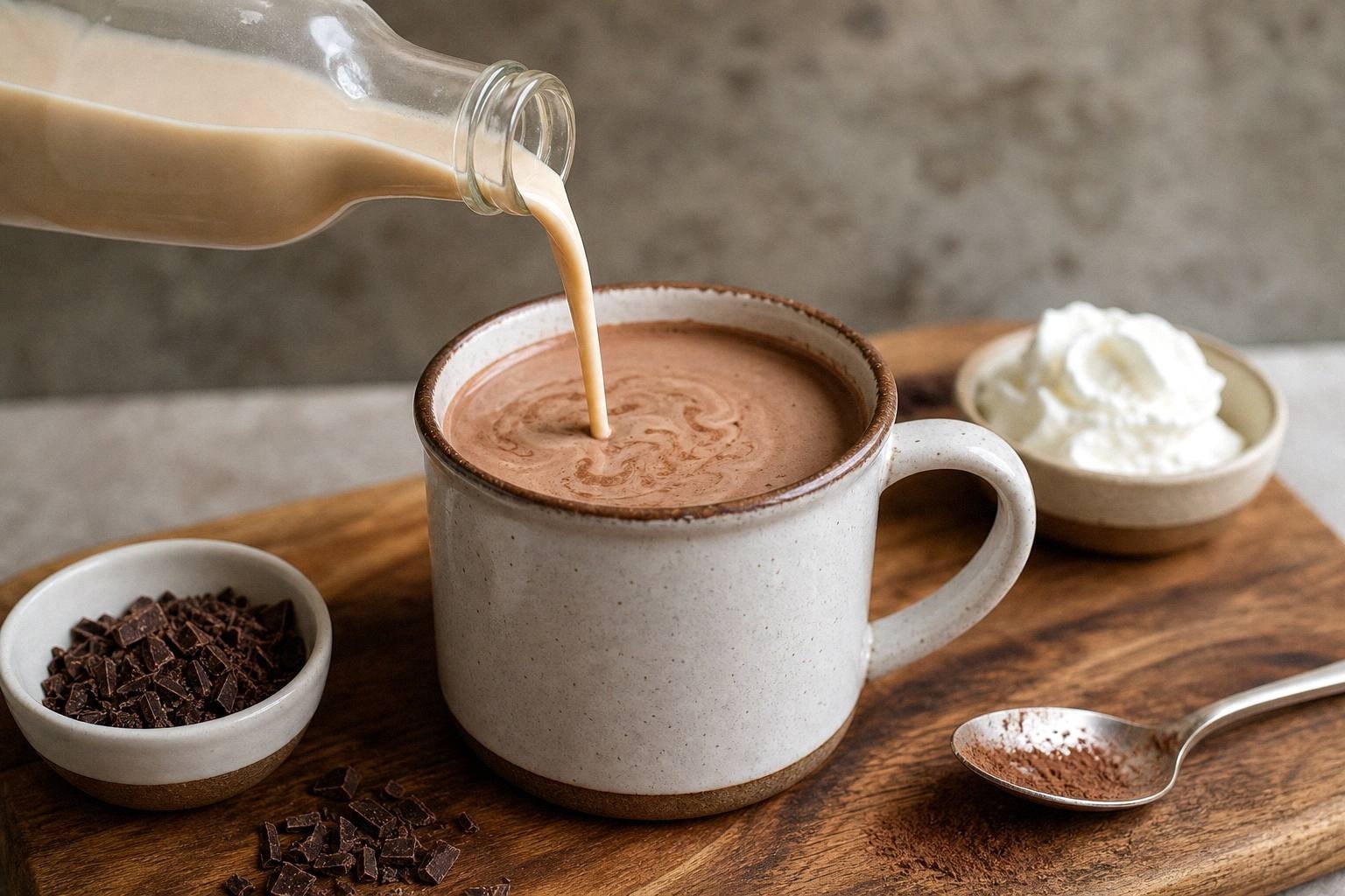 baileys being poured into hot chocolate in a mug, liquid in motion
