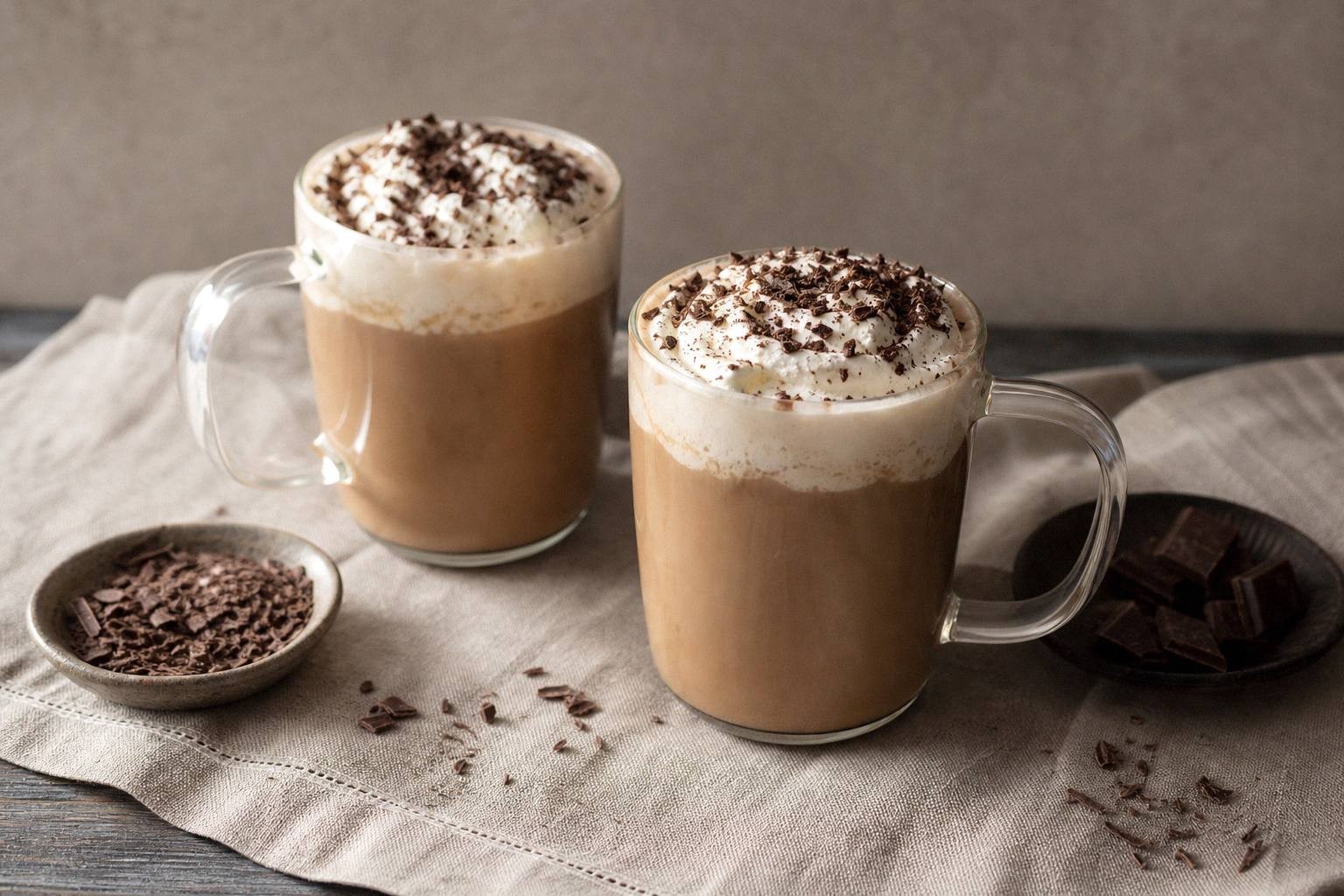 two mugs of baileys hot chocolate with whipped cream and chocolate topping on a table