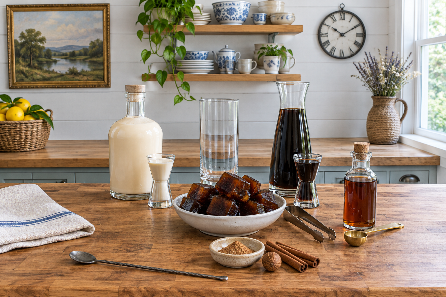 ingredients for baileys iced coffee measured out: baileys almande, cold brew coffee, cinnamon syrup, and nutmeg