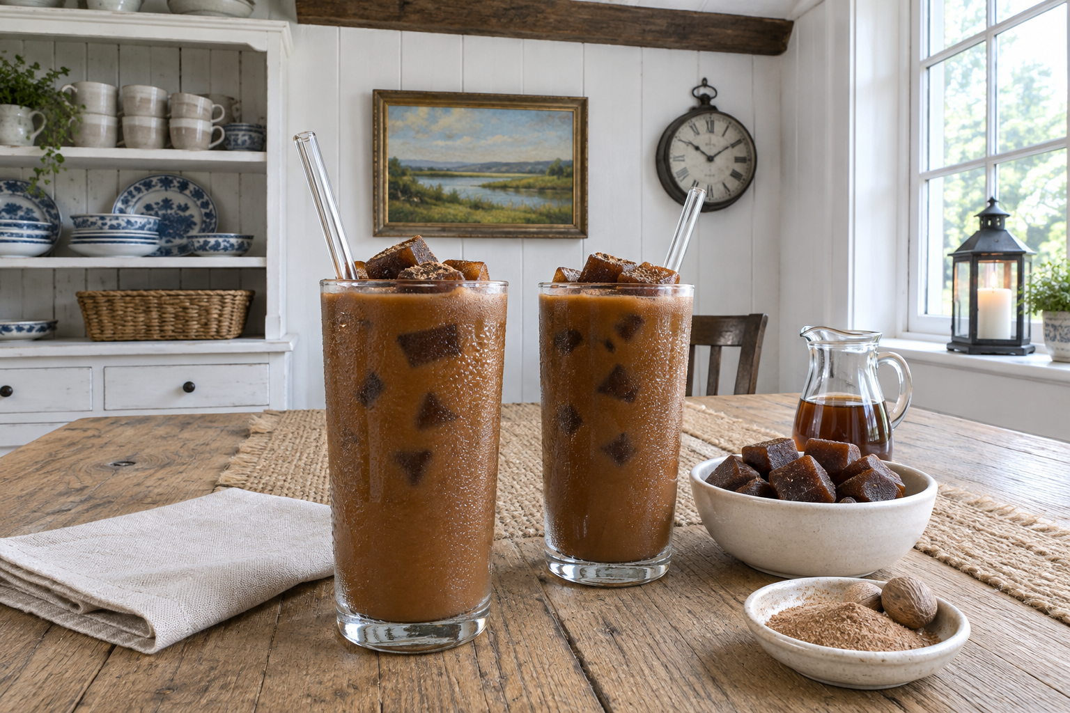 two servings of baileys iced coffee with coffee ice cubes on a table
