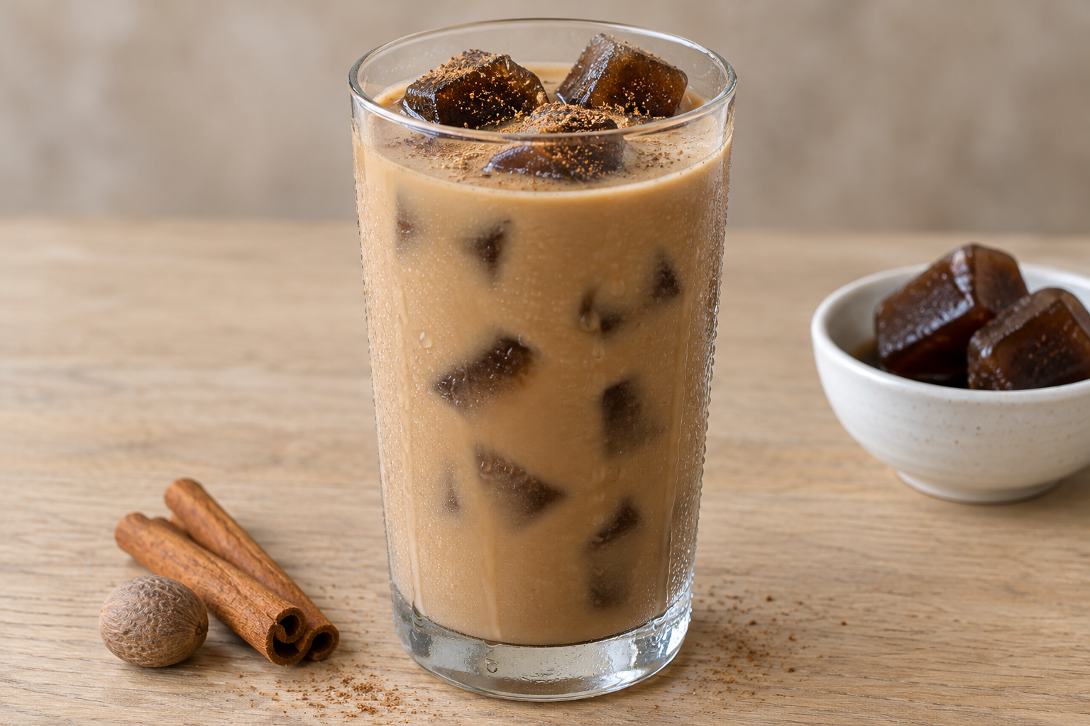baileys iced coffee in a glass with coffee ice cubes, topped with ground nutmeg