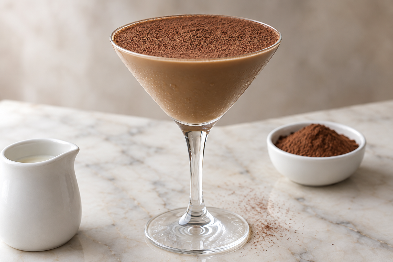 baileys tiramisu martini in a glass with cocoa powder dusted on foam and a ladyfinger biscuit on the rim