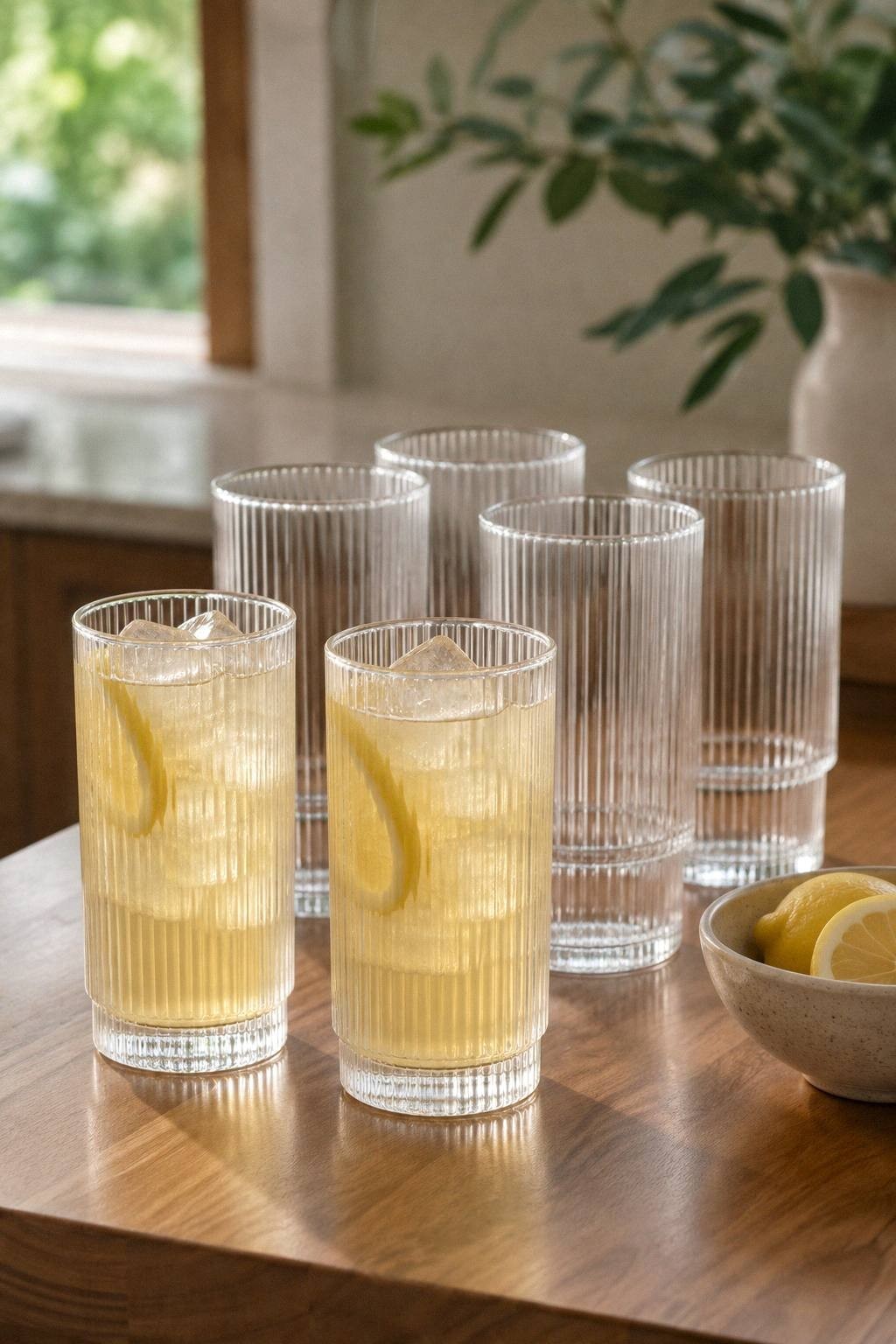 ribbed highball glasses with pale citrus drinks and lemon bowl on a wood counter