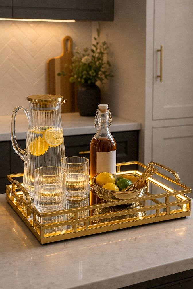 gold handled mirrored tray holding a pitcher, ribbed glasses, syrup bottle, citrus bowl, tongs, and napkins