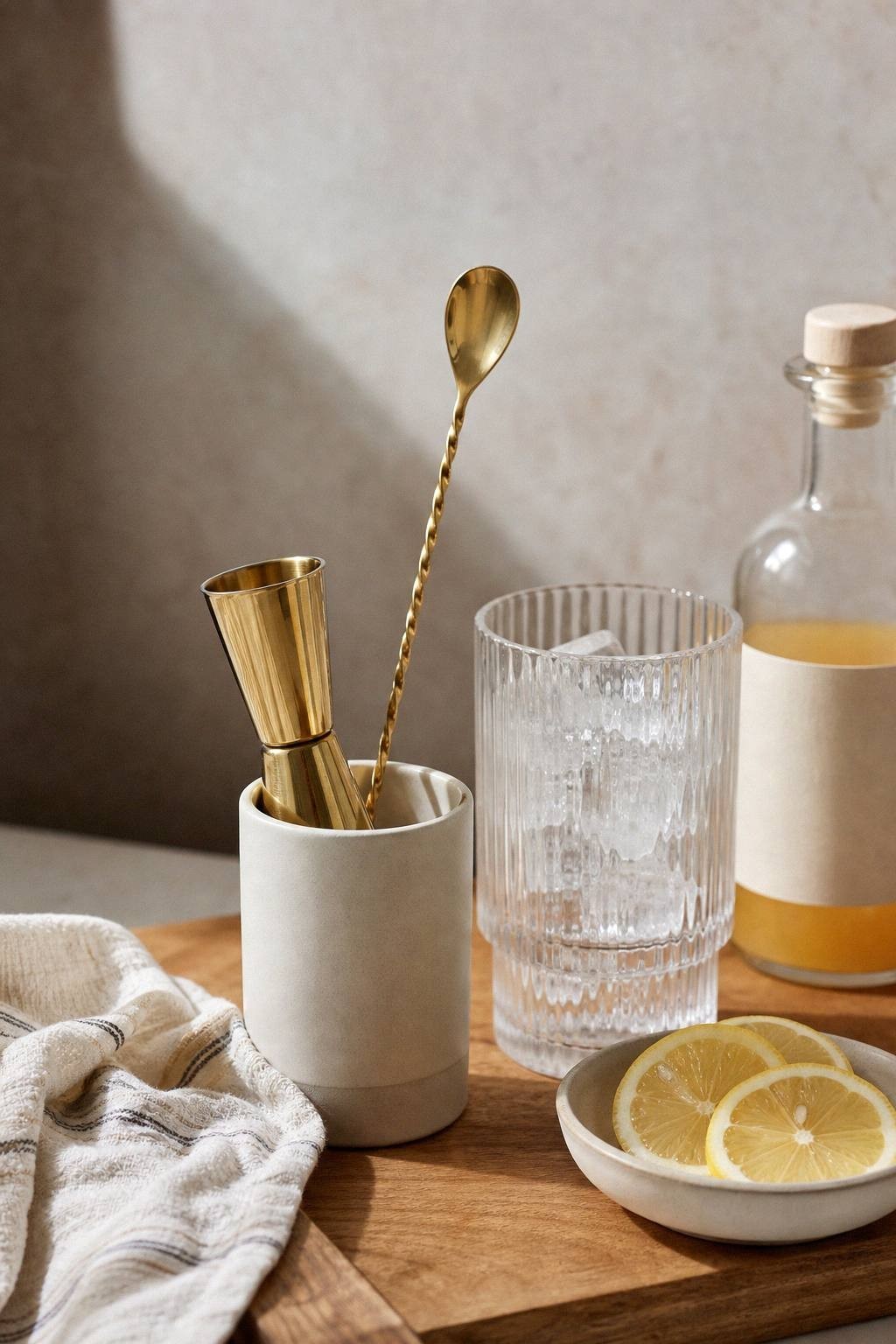 gold jigger and long twisted bar spoon in a small tool cup beside a ribbed glass, syrup bottle, and lemon bowl