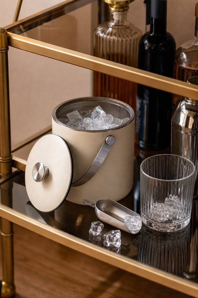 compact cream ice bucket with scoop on a gold bar cart shelf beside a ribbed glass and bottles