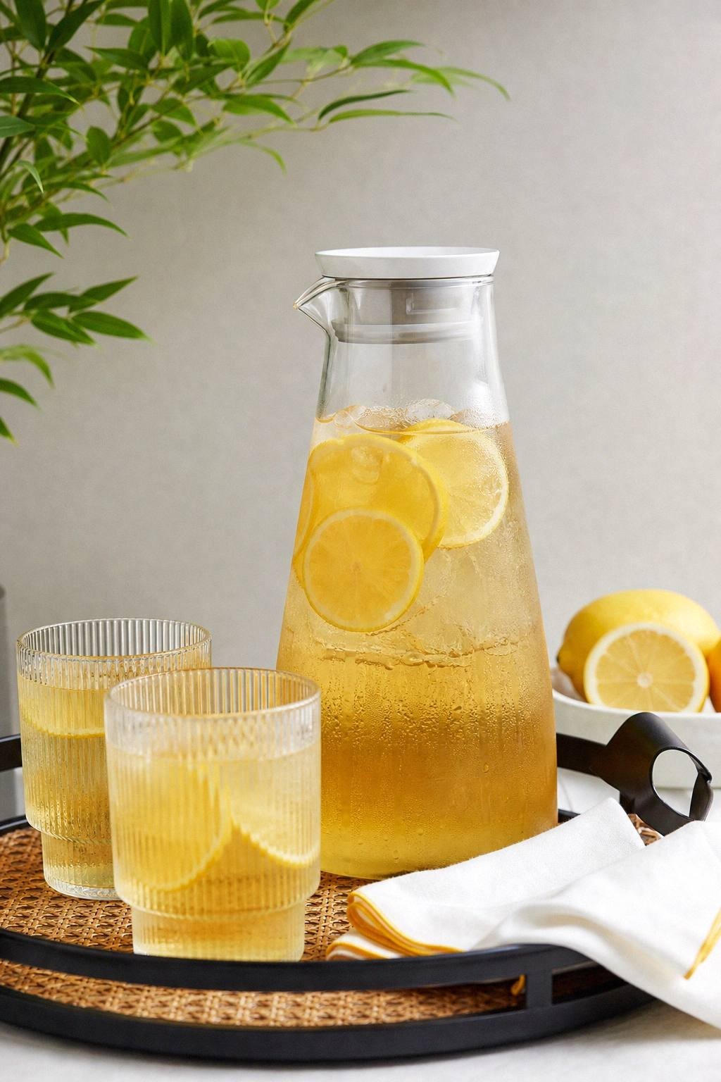 clear glass pitcher of lemon iced tea with ribbed glasses, lemon bowl, and folded napkins on a tray