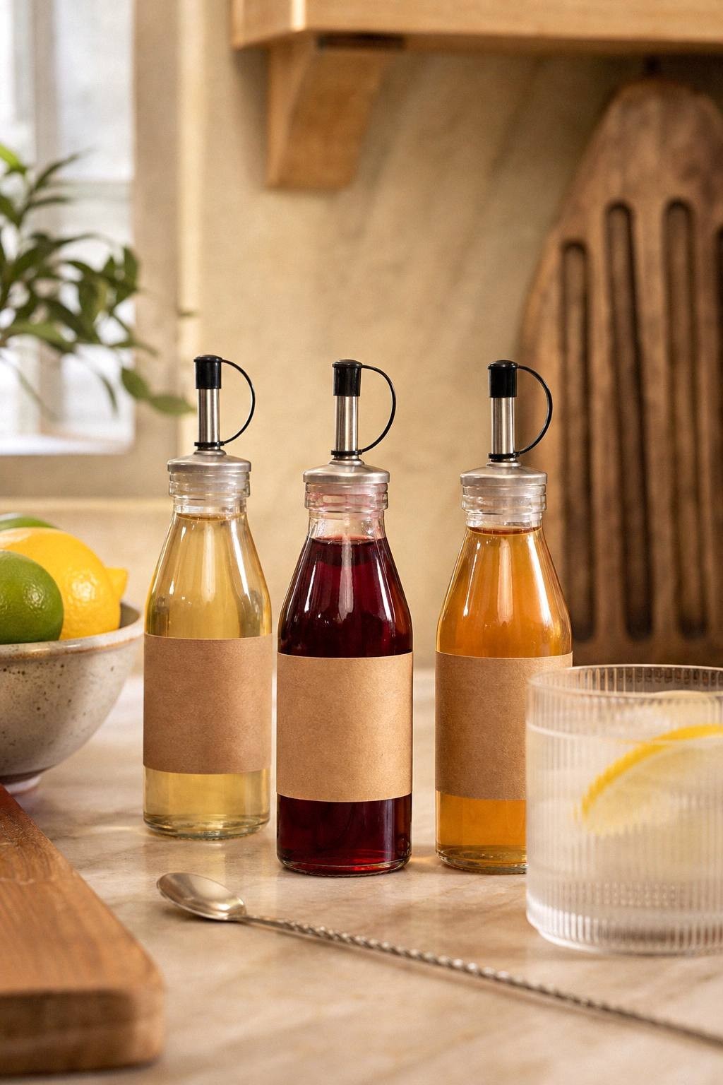 three glass syrup dispenser bottles with blank labels and pour tops beside citrus and a ribbed glass