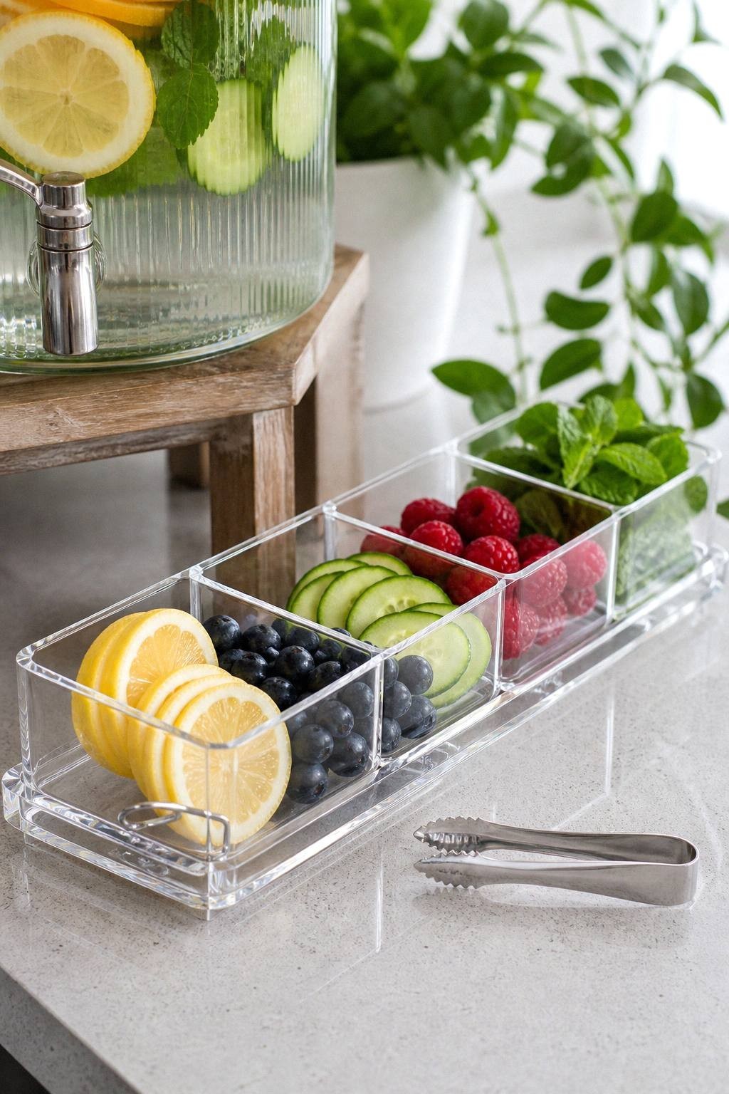 clear garnish tray with lemon slices, blueberries, cucumber slices, raspberries, fresh mint, and small tongs
