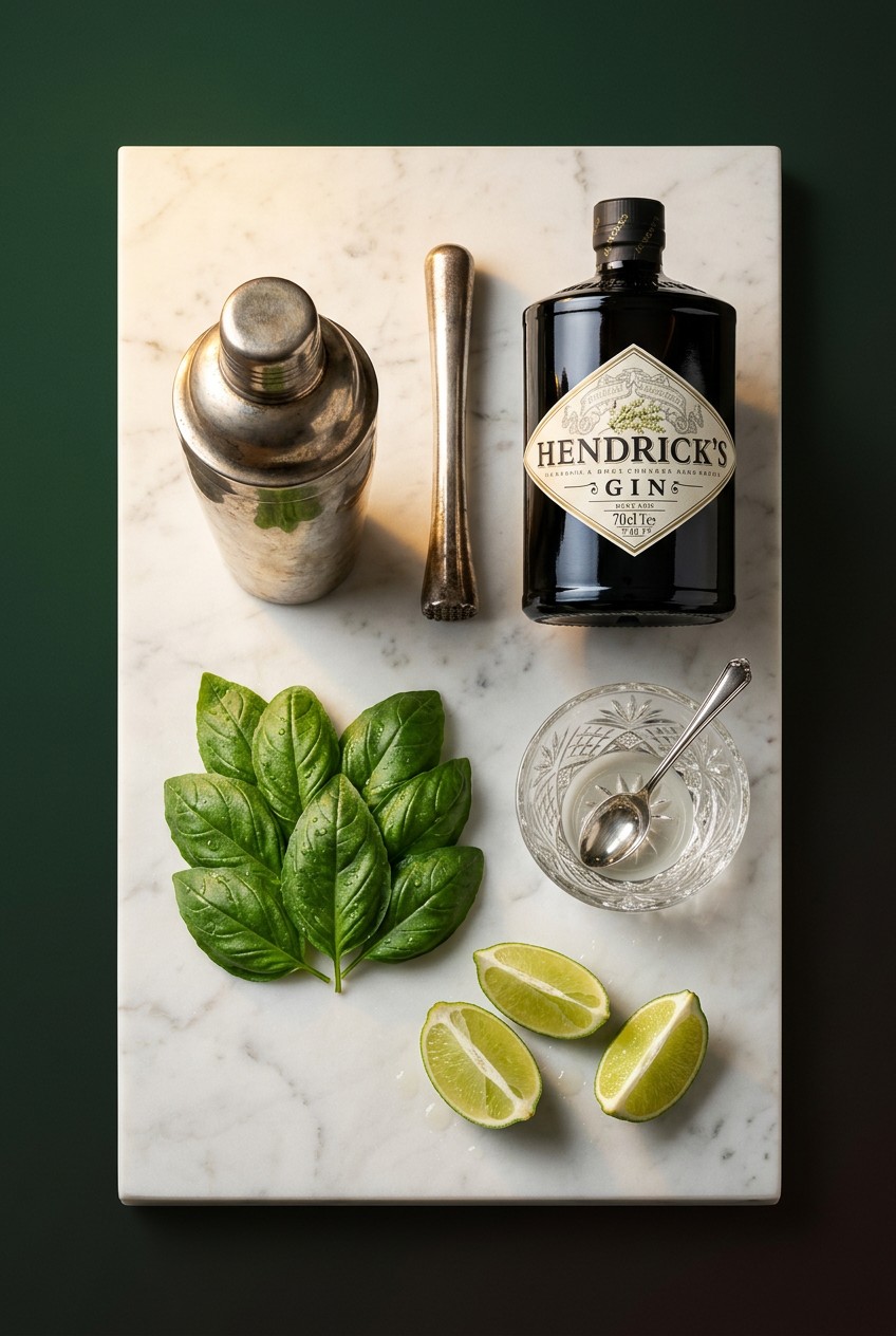 Fresh basil leaves and lime wedges arranged on marble surface next to botanical gin bottle for summer cocktail preparation