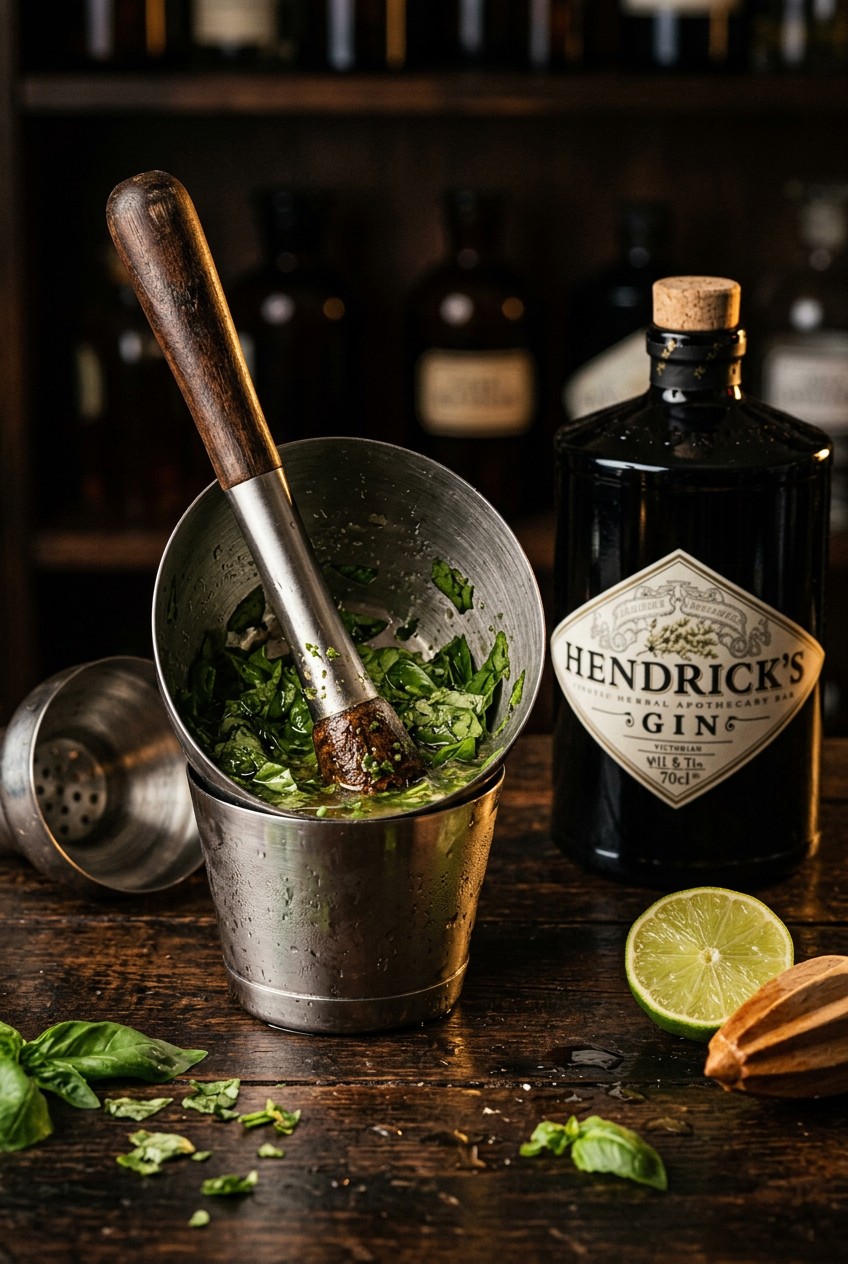 Hands muddling fresh basil leaves with simple syrup in cocktail shaker for herbal gin smash recipe