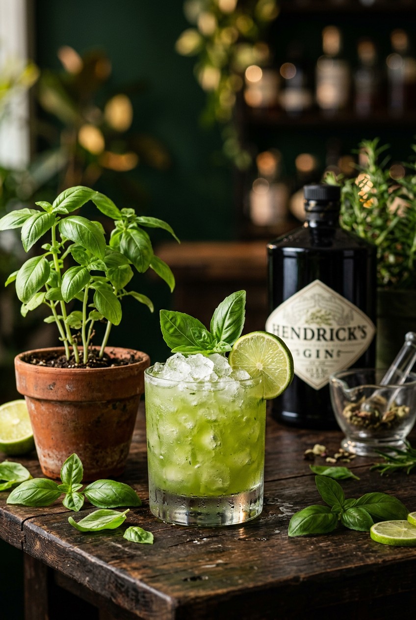 Finished basil gin smash cocktail with crushed ice, fresh basil garnish and lime wheel in rocks glass on wooden table with garden herbs
