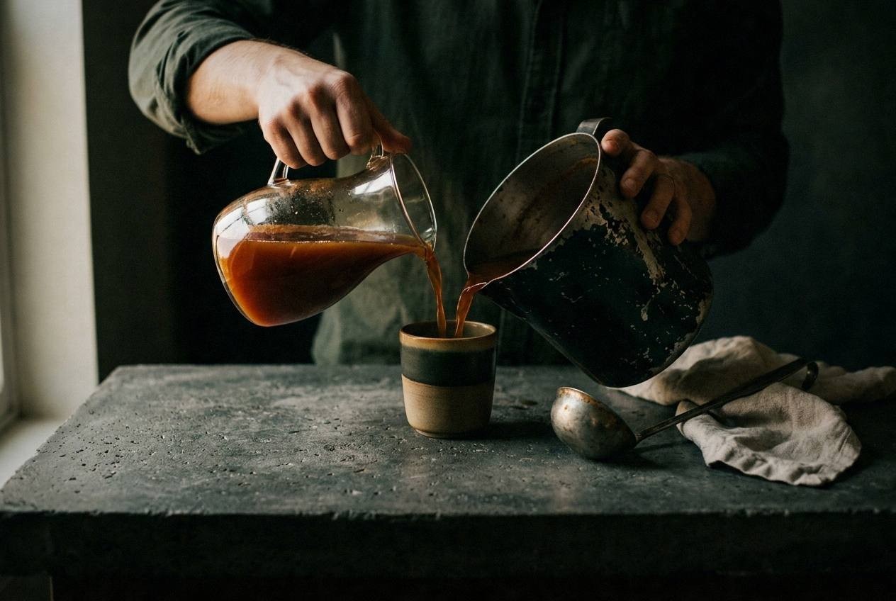 Close-up of cucumber mint cooler mocktail being poured from glass pitcher into ice-filled glasses with fresh cucumber ribbons and mint garnish for spring entertaining