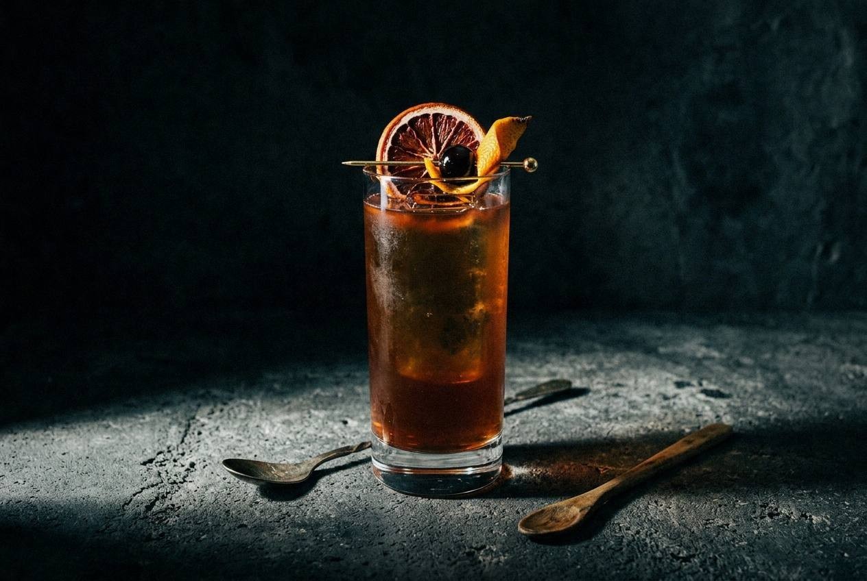 Overhead view of sparkling citrus sangria mocktail in large glass dispenser filled with orange slices, lemon slices, lime slices, and strawberries with fresh herb garnish for spring brunch party