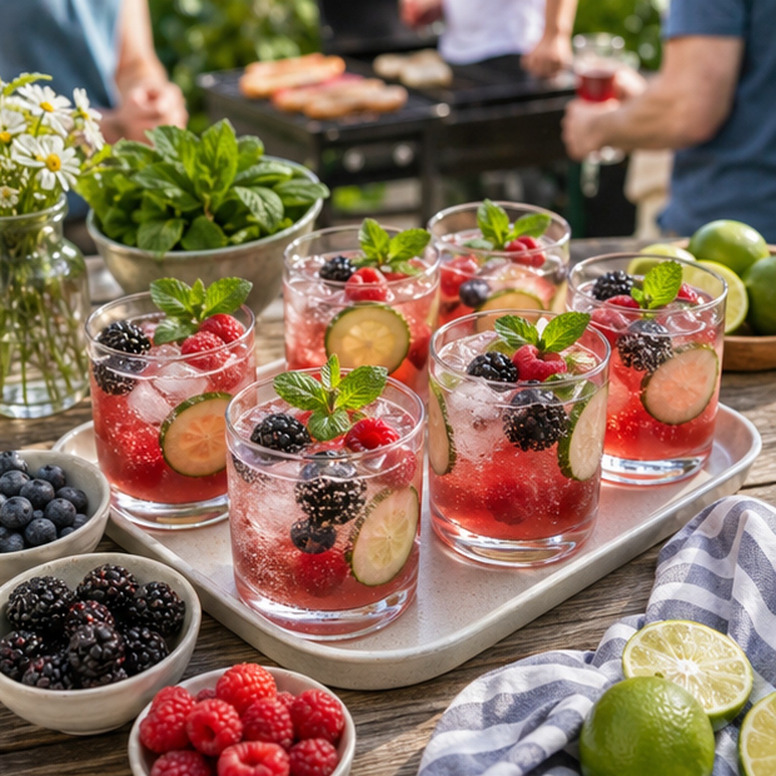 Pitchers of colorful summer mocktails with fruit and herbs on an outdoor BBQ table