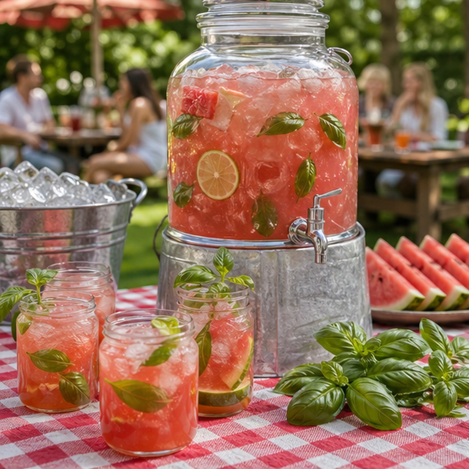 A large pitcher of berry cucumber mocktail with glasses, herbs, and summer fruit on a picnic table